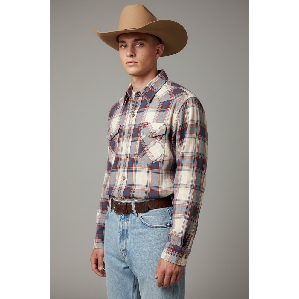 Wrangler Mens 3XL Plaid Western Long Sleeve Button Up Shirt Cream Blue Red Core